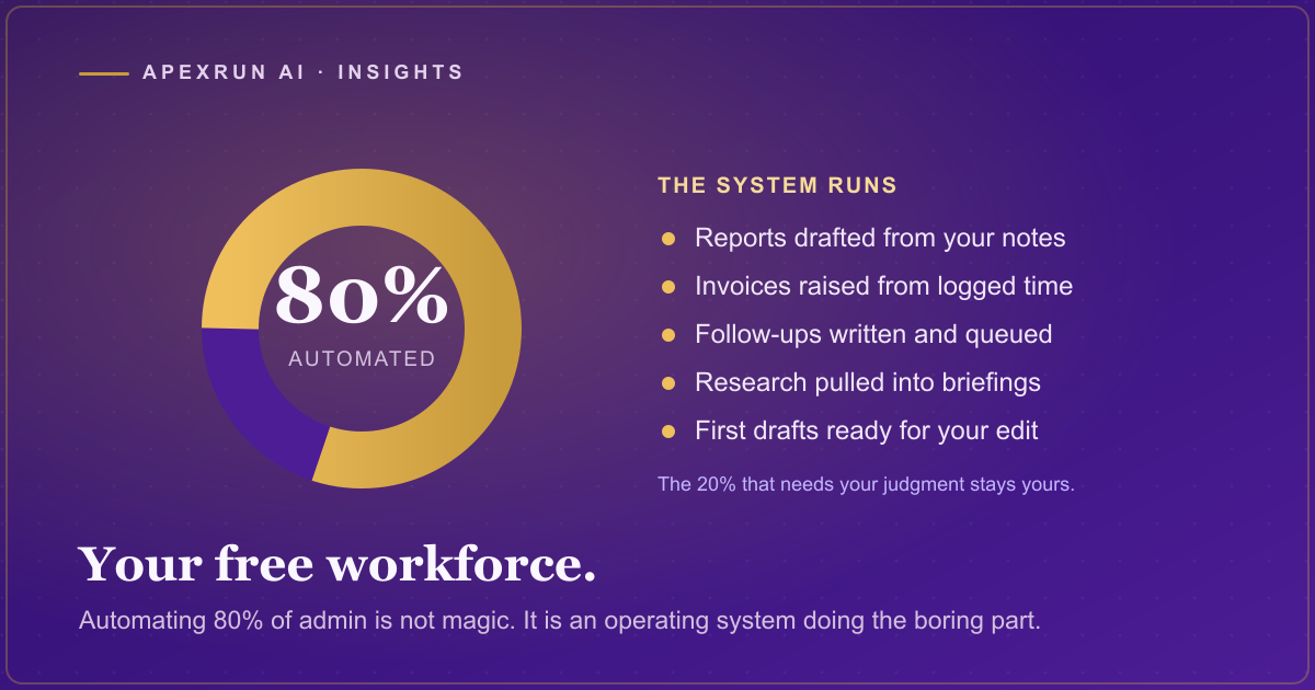 A donut chart showing 80 percent of admin work handled by an AI operating system in gold and the remaining 20 percent kept human in purple.